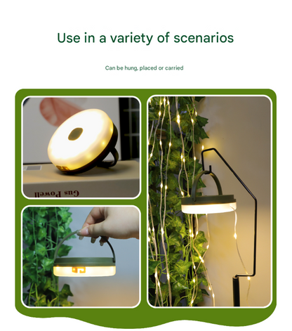 Rechargeable LED Camping Light with 10m Retractable String Light (Color lights + warm lights)