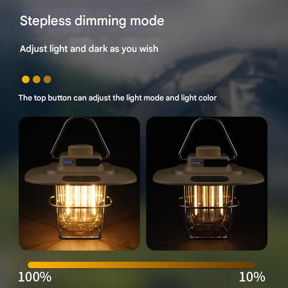 Beige Vintage LED Camping Lantern - Rechargeable, Stepless Dimming, Power Bank