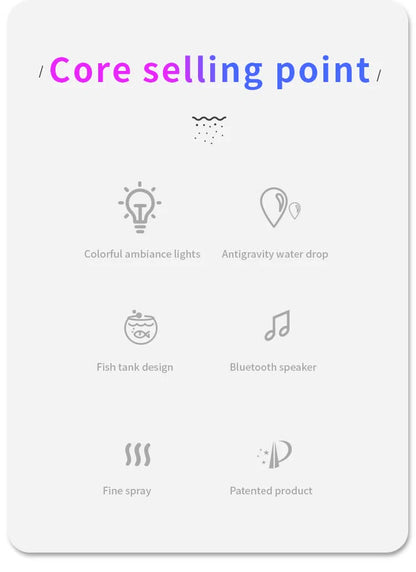 Pink 3-in-1 Anti-Gravity Water Drop Humidifier with Bluetooth Speaker & LED Fish Tank Light