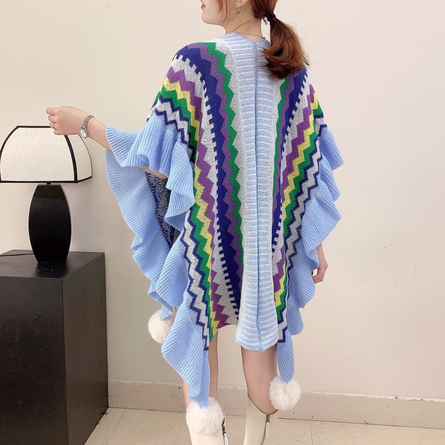 Light blue Women's printed knitted cardigan cape with ruffled sleeves (Style 2)