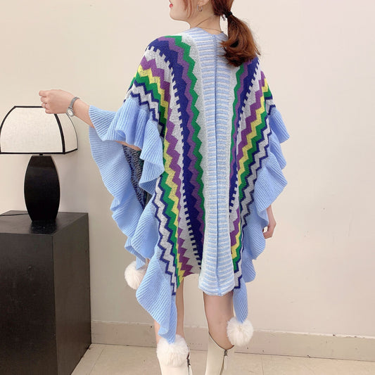 Light blue Women's printed knitted cardigan cape with ruffled sleeves (Style 2)