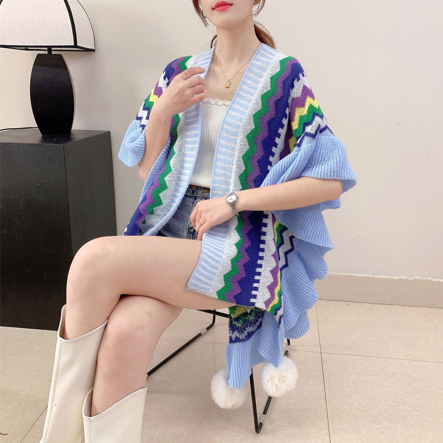 Light blue Women's printed knitted cardigan cape with ruffled sleeves (Style 2)