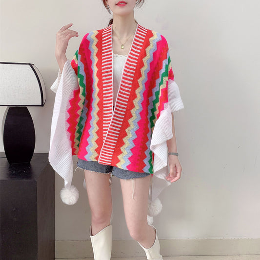 Red Women's printed knitted cardigan cape with ruffled sleeves (Style 1)