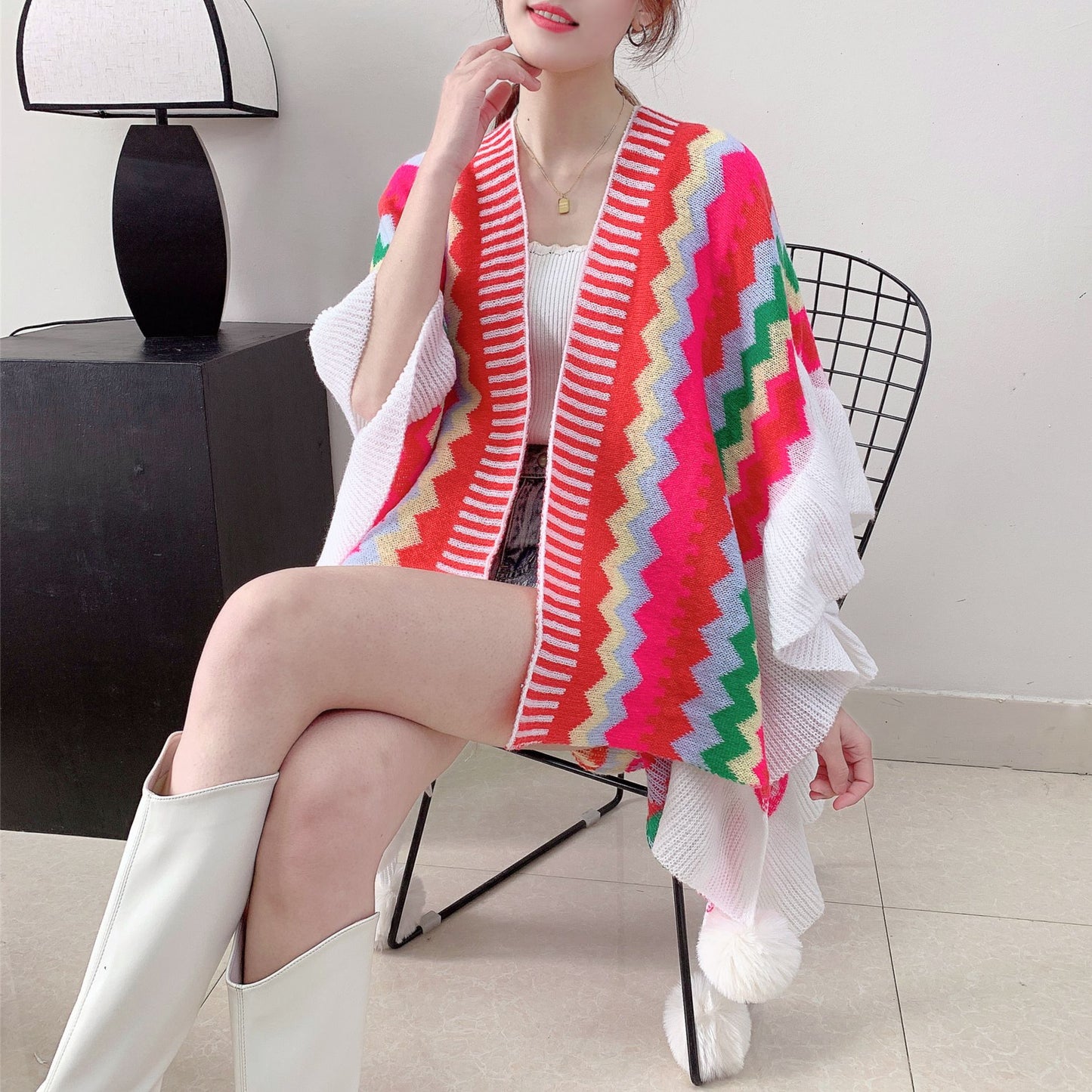Red Women's printed knitted cardigan cape with ruffled sleeves (Style 1)