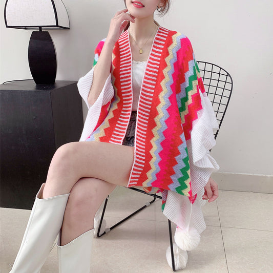 Red Women's printed knitted cardigan cape with ruffled sleeves (Style 1)
