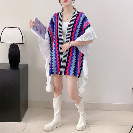 Blue Black Women's printed knitted cardigan cape with ruffled sleeves (Style 6)