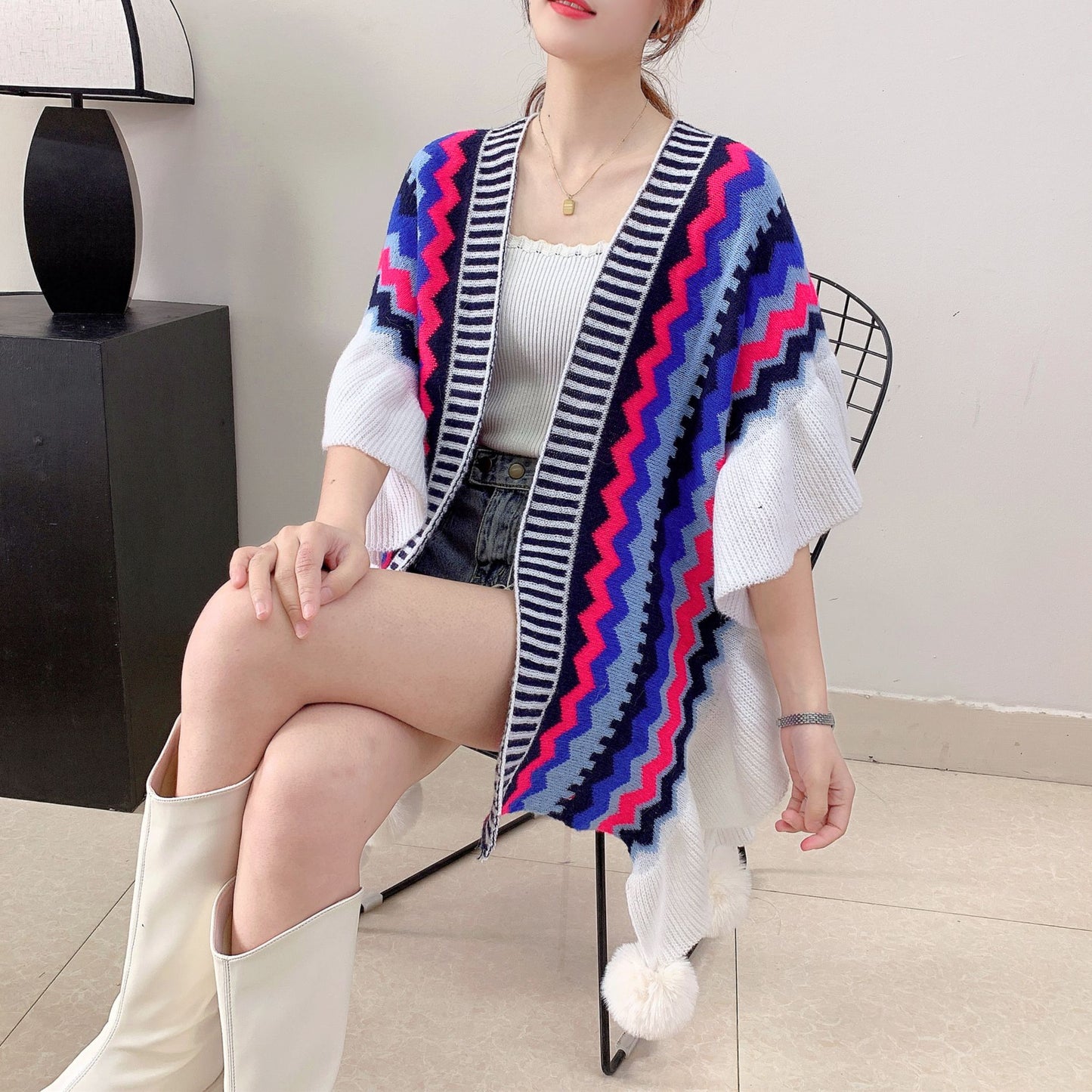 Blue Black Women's printed knitted cardigan cape with ruffled sleeves (Style 6)