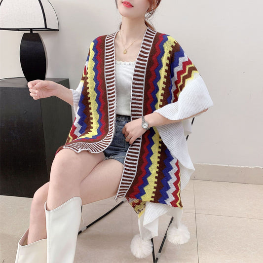 Brown Women's printed knitted cardigan cape with ruffled sleeves (Style 4)