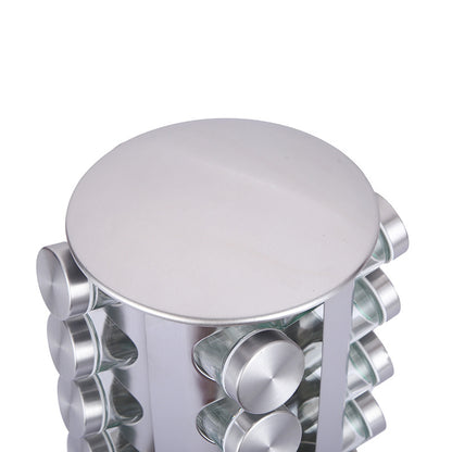 Modern stainless steel round rotating spice rack with 12 empty glass jars (88 ml each)