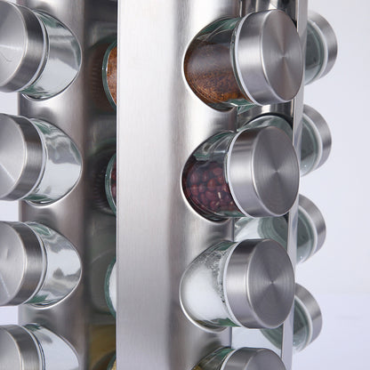 Modern stainless steel rounded corner rotating spice rack with 12 empty glass jars (88 ml each)