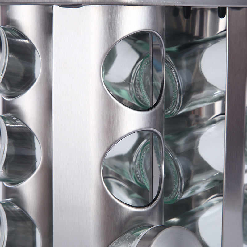 Modern stainless steel rounded corner rotating spice rack with 12 empty glass jars (88 ml each)