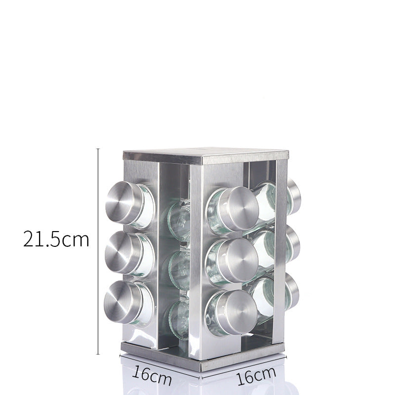 Modern stainless steel square spice revolving rack with 12 (88 ml each) empty glass jars