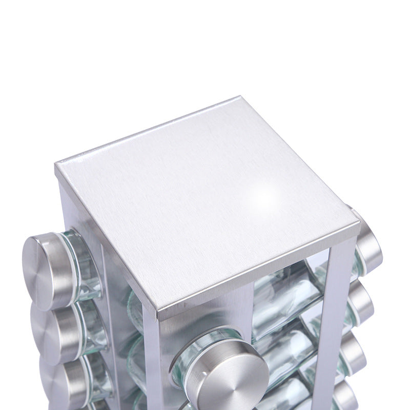 Modern stainless steel square spice revolving rack with 12 (88 ml each) empty glass jars