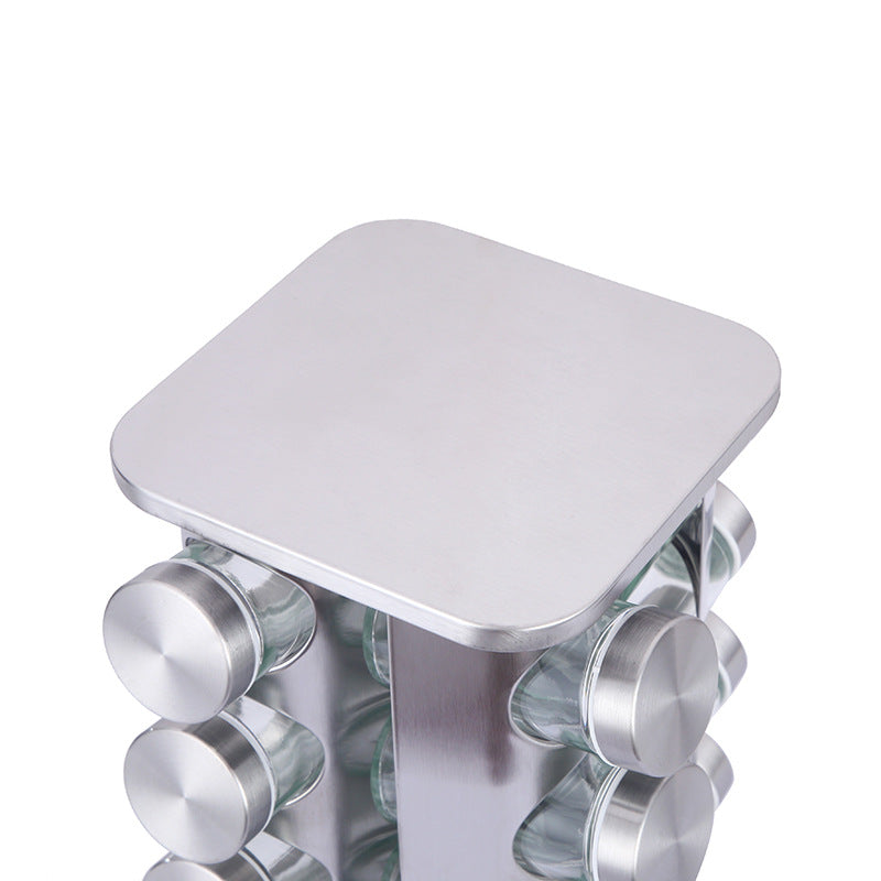 Modern stainless steel rounded corner rotating spice rack with 16 empty glass jars (88 ml each)