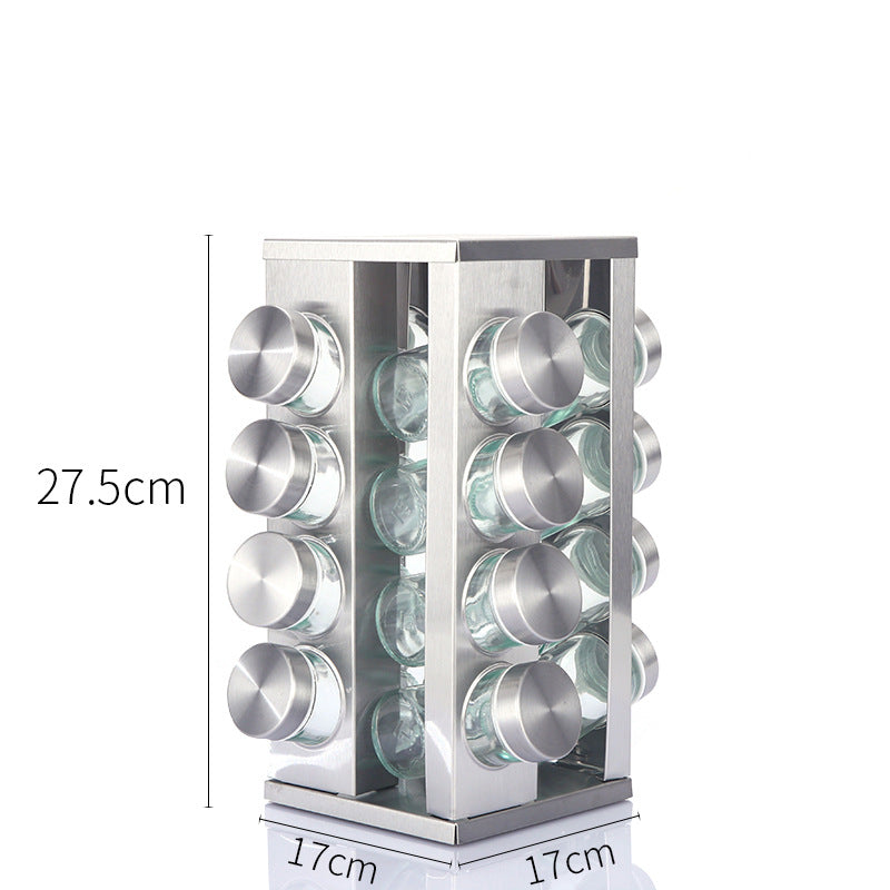 Modern stainless steel square spice revolving rack with 16 (88 ml each) empty glass jars