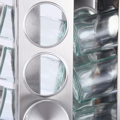 Modern stainless steel square spice revolving rack with 16 (88 ml each) empty glass jars