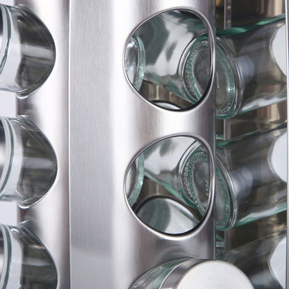 Modern stainless steel round-top rotating spice rack with 16 empty glass jars (88 ml each)