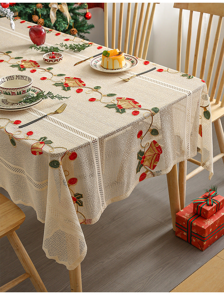 Embroidered Christmas Tablecloth - Embroidered Bells & Holly Design (140*200cm)