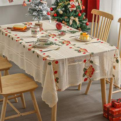 Embroidered Christmas Tablecloth - Embroidered Bells & Holly Design (140*240cm)