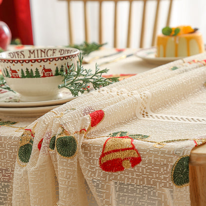 Embroidered Christmas Tablecloth - Embroidered Bells & Holly Design (140*240cm)