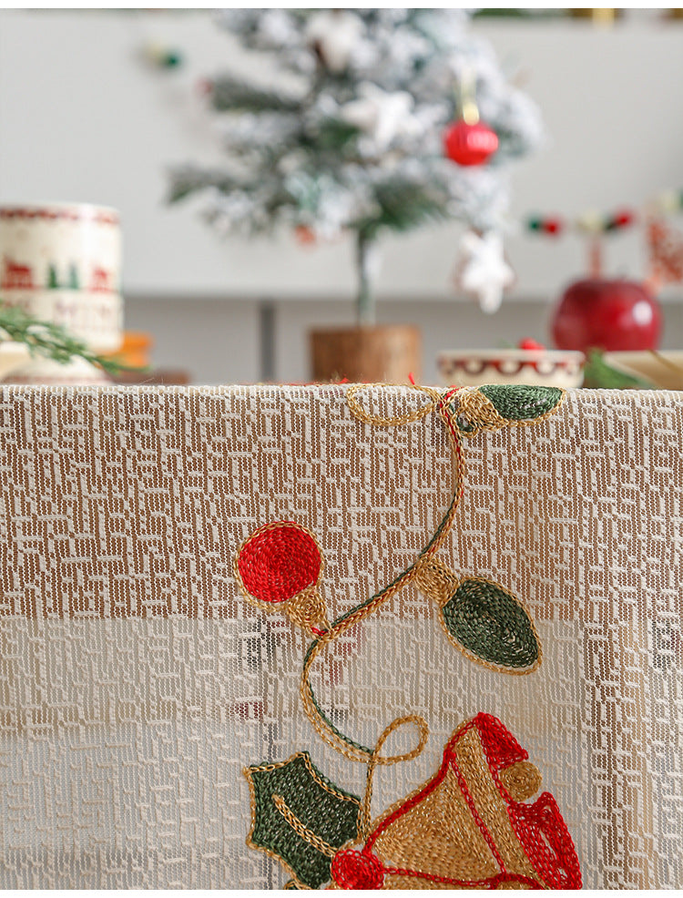 Embroidered Christmas Tablecloth - Embroidered Bells & Holly Design (140*240cm)