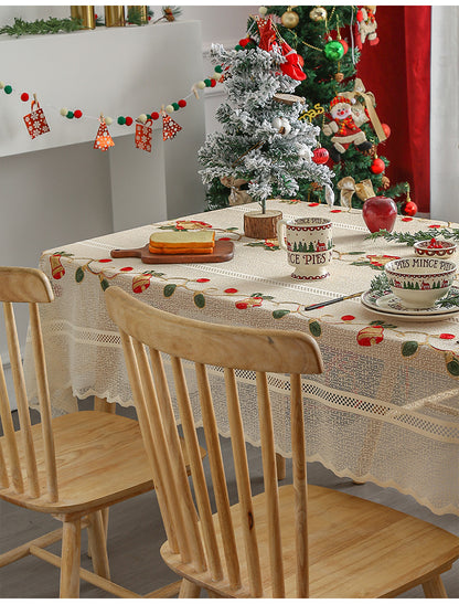 Embroidered Christmas Tablecloth - Embroidered Bells & Holly Design (140*240cm)