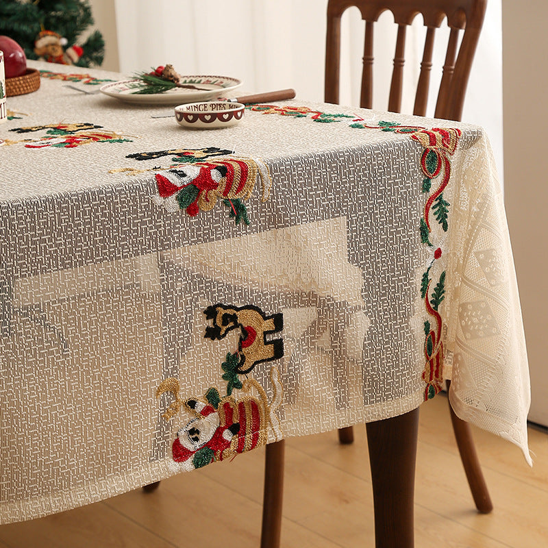 Embroidered Christmas Tablecloth - Embroidered Santa Claus, Reindeer (140*200cm)
