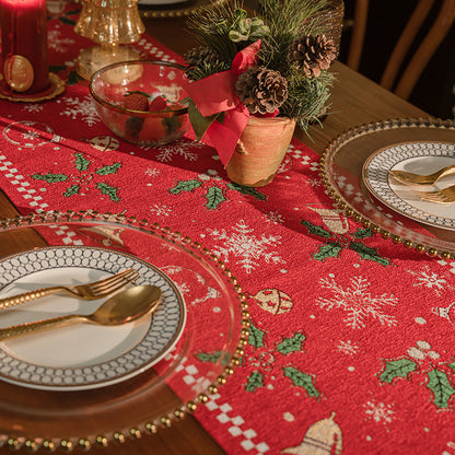 Red Christmas Table Runner with Tassels - Festive Snowflake & Bell Print (35*220cm)