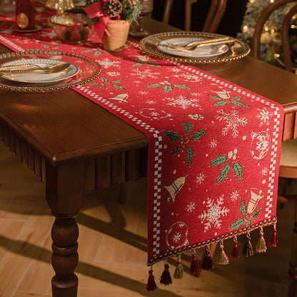 Red Christmas Table Runner with Tassels - Festive Snowflake & Bell Print (35*220cm)