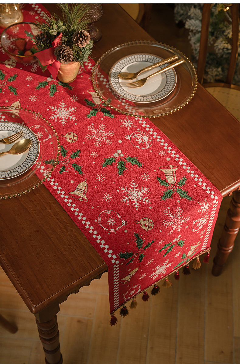 Red Christmas Table Runner with Tassels - Festive Snowflake & Bell Print (35*180cm)