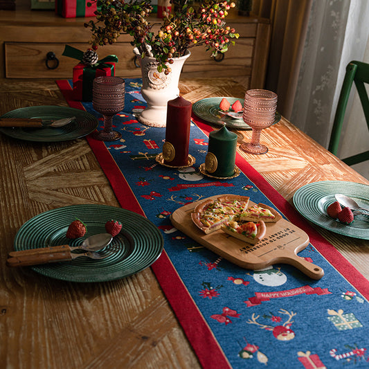 Blue Christmas Festive Table Runner - Blue with Snowman, Reindeer and Happy Holidays (35*240cm)