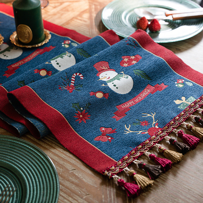 Blue Christmas Festive Table Runner - Blue with Snowman, Reindeer and Happy Holidays (35*180cm)