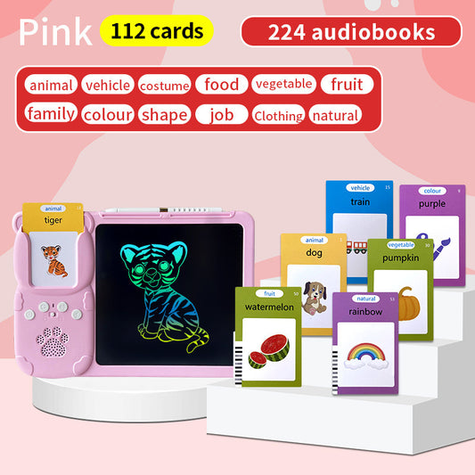 Pink (112 cards, pure English) Kids Interactive Early Education Toy: Combination Card Reader & LCD Drawing Board for Toddlers