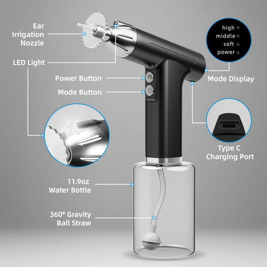 White Electric Earwax Irrigator Set - Gentle and effective earwax cleaner with collection basin and earplugs