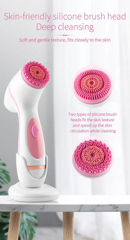 Blue Waterproof Facial Cleansing Spin Brush Set - Rechargeable with 3 Heads & Charging Stand