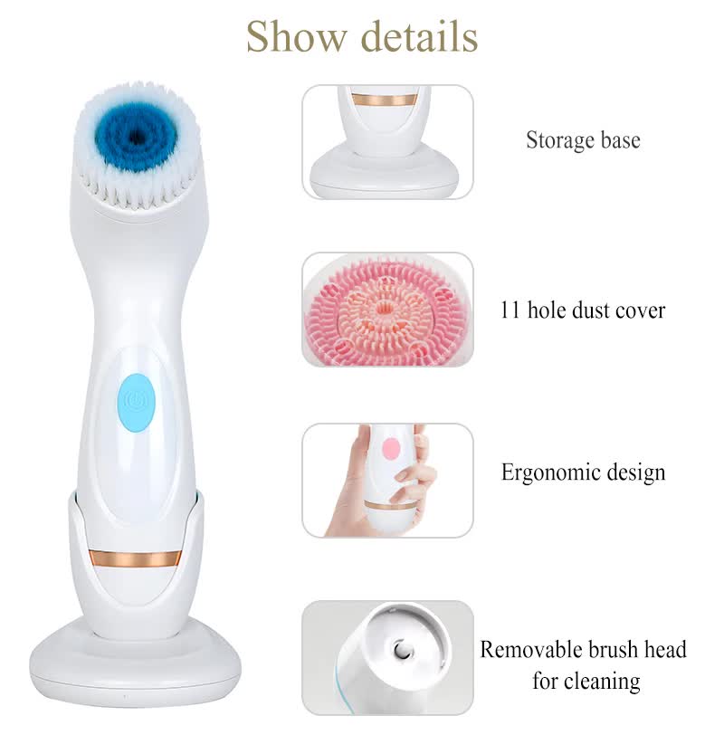 Blue Waterproof Facial Cleansing Spin Brush Set - Rechargeable with 3 Heads & Charging Stand