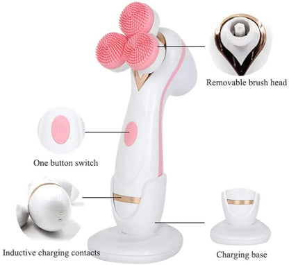 Blue 3-Head Electric Facial Cleansing Brush - Rechargeable Spin Scrubber Kit