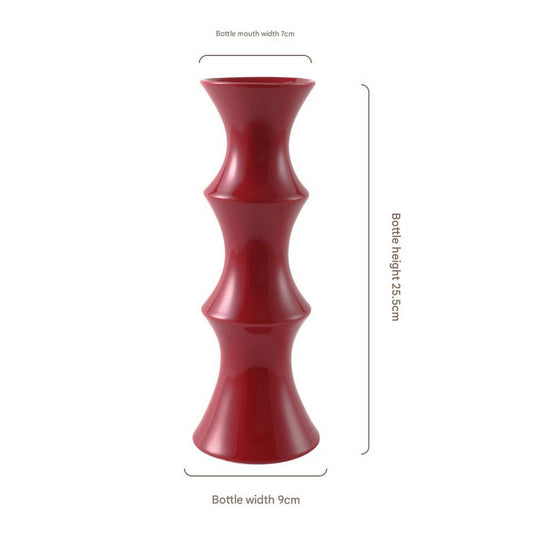 Glossy Red Ceramic Vase - Unique Bamboo-Look Design (25.5x9x7cm)