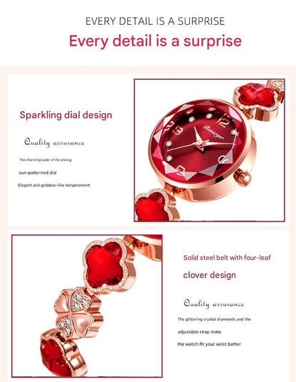 Blue Women's Four-Leaf Clover Quartz Watch with Red Dial and Crystal Accents