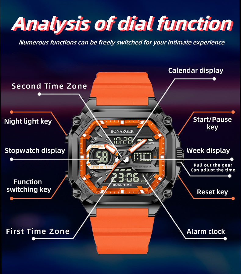 Orange Men's Dual Display Watch - Dual Time Digital Analog Waterproof Sports Watch