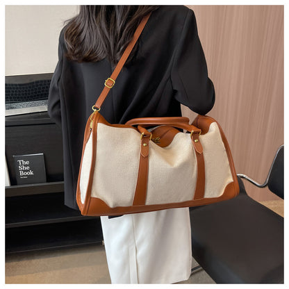 Brown Contrast Color Women's Travel Bag - Canvas & PU Leather Trim Luggage (32x21x14cm)