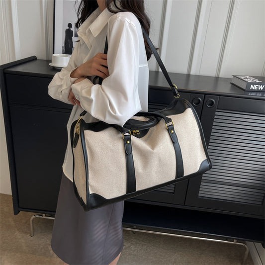 Black Contrast Color Women's Travel Bag - Canvas & PU Leather Trim Luggage (43x27x19cm)