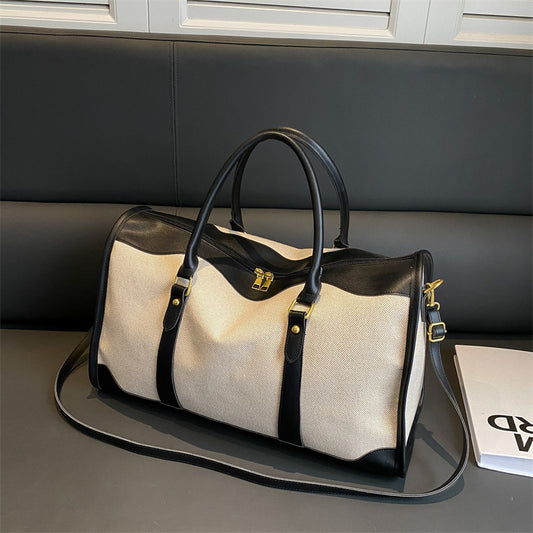 Black Contrast Color Women's Travel Bag - Canvas & PU Leather Trim Luggage (32x21x14cm)