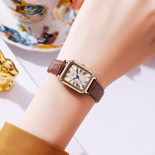 Rose gold shell, white plate and coffee strap Ladies Quartz Watch - Classic Rectangular, Leather Band
