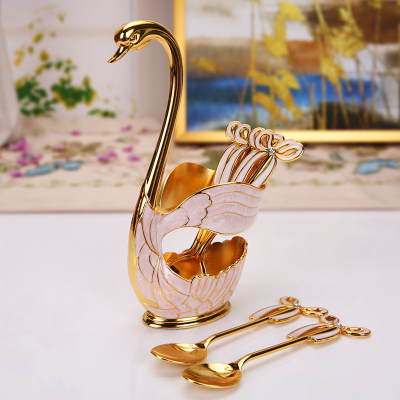 Elegant Swan Base Spoon Holder Set with 6 Coffee/Dessert Spoons(Gold and white spoon)
