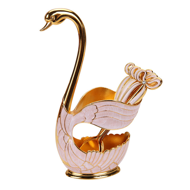 Elegant Swan Base Spoon Holder Set with 6 Coffee/Dessert Spoons(Gold and white spoon)