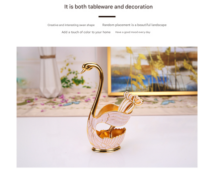 Elegant Swan Base Spoon Holder Set with 6 Coffee/Dessert Spoons(Gold and white spoon)
