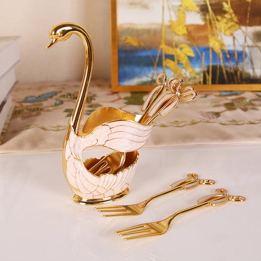 Elegant Swan Base Spoon Holder Set with 6 Coffee/Dessert Spoons(Gold Fork)
