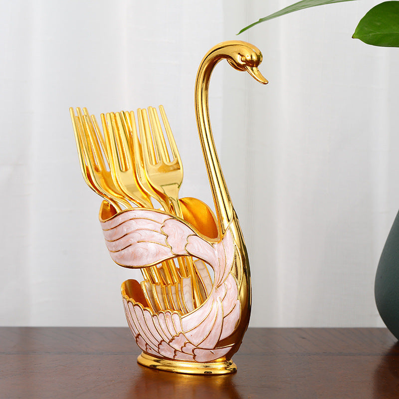 Elegant Swan Base Spoon Holder Set with 6 Coffee/Dessert Spoons(Gold Fork)