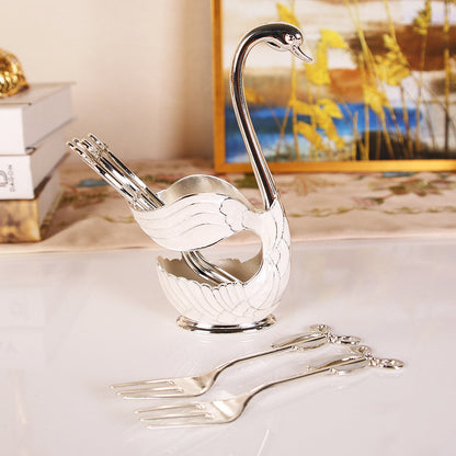 Elegant Swan Base Spoon Holder Set with 6 Coffee/Dessert Spoons(Silver fork)